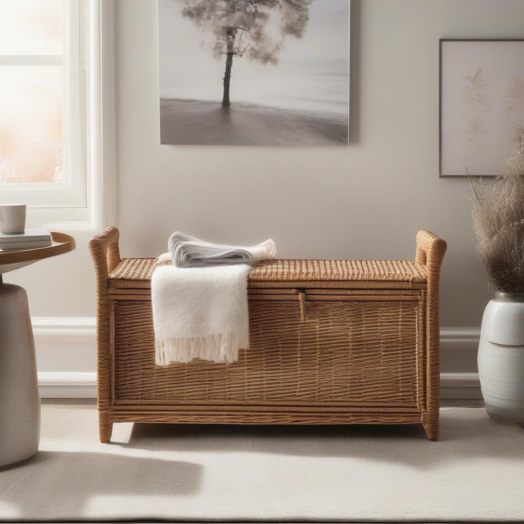 Safavieh Freddy Winter Melody Wicker Storage Bench in a Living Room