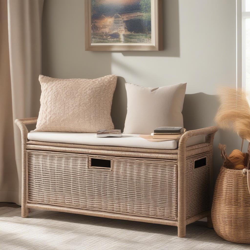 Safavieh Freddy Winter Melody Wicker Storage Bench in a Living Room