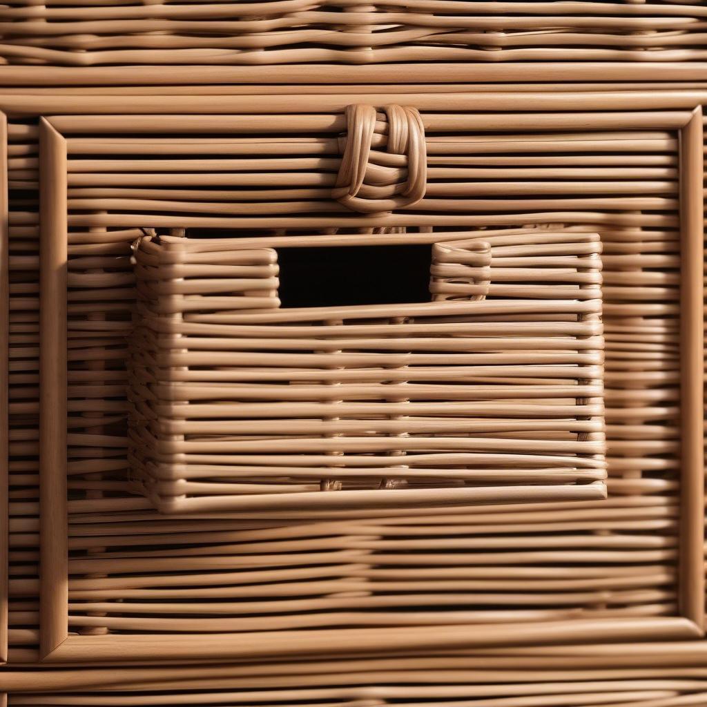 Close-up view of the wicker weave on the Safavieh Keenan basket storage cabinet, highlighting the quality and craftsmanship.