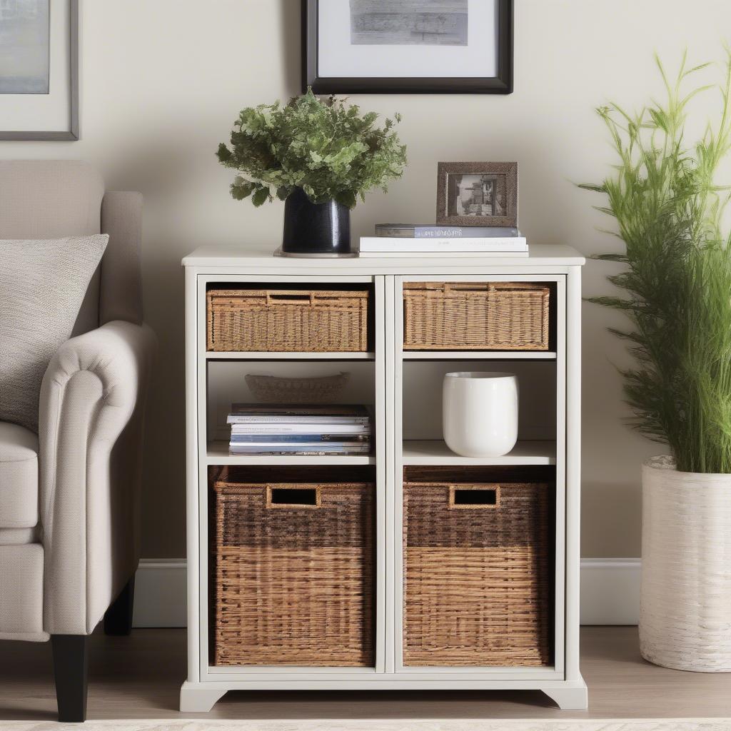 Safavieh Keenan wicker basket storage cabinet styled in a living room setting, used as an end table with baskets holding remotes and magazines.