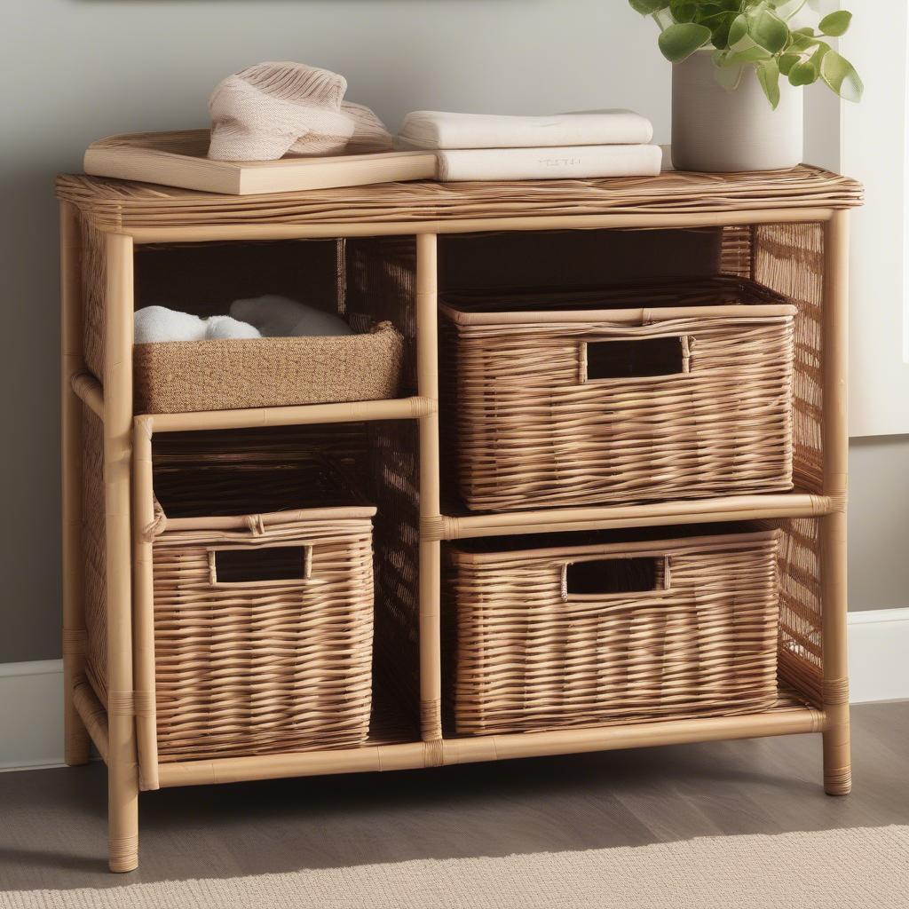 Safavieh Keenan wicker basket storage cabinet in a natural finish, showcasing its multiple baskets and compact design.