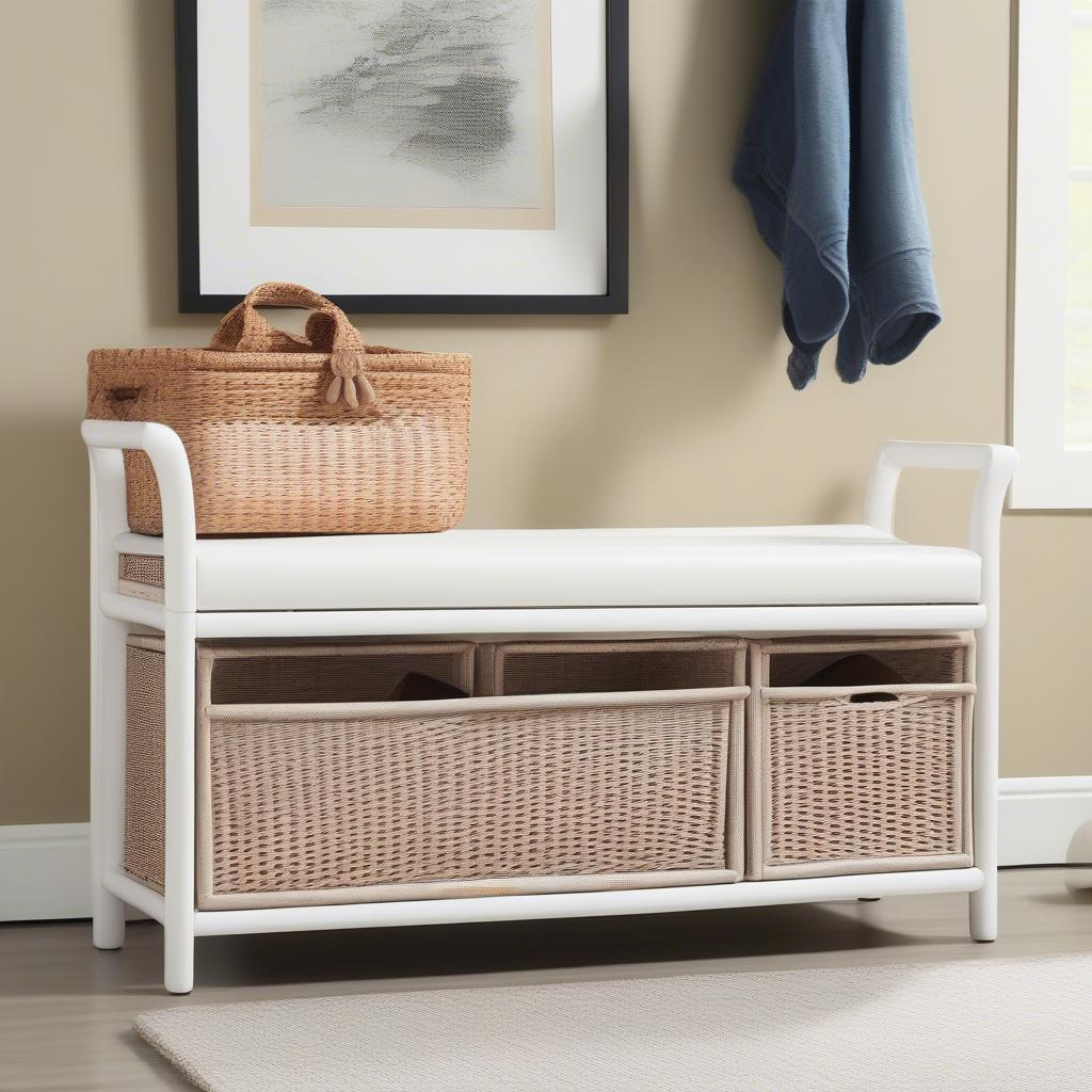 Safavieh Lonan White Wicker Bench in an Entryway Setting