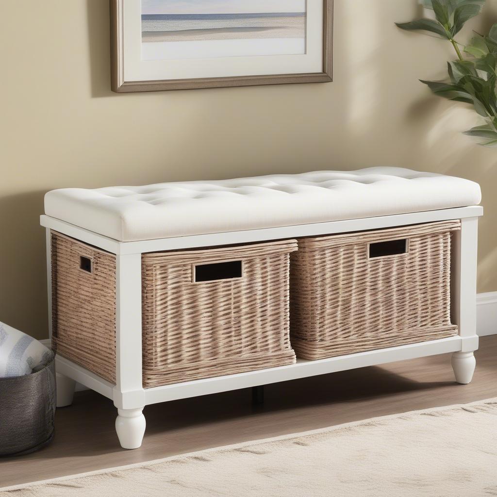 Safavieh Lonan White Wicker Storage Bench in a Living Room Setting