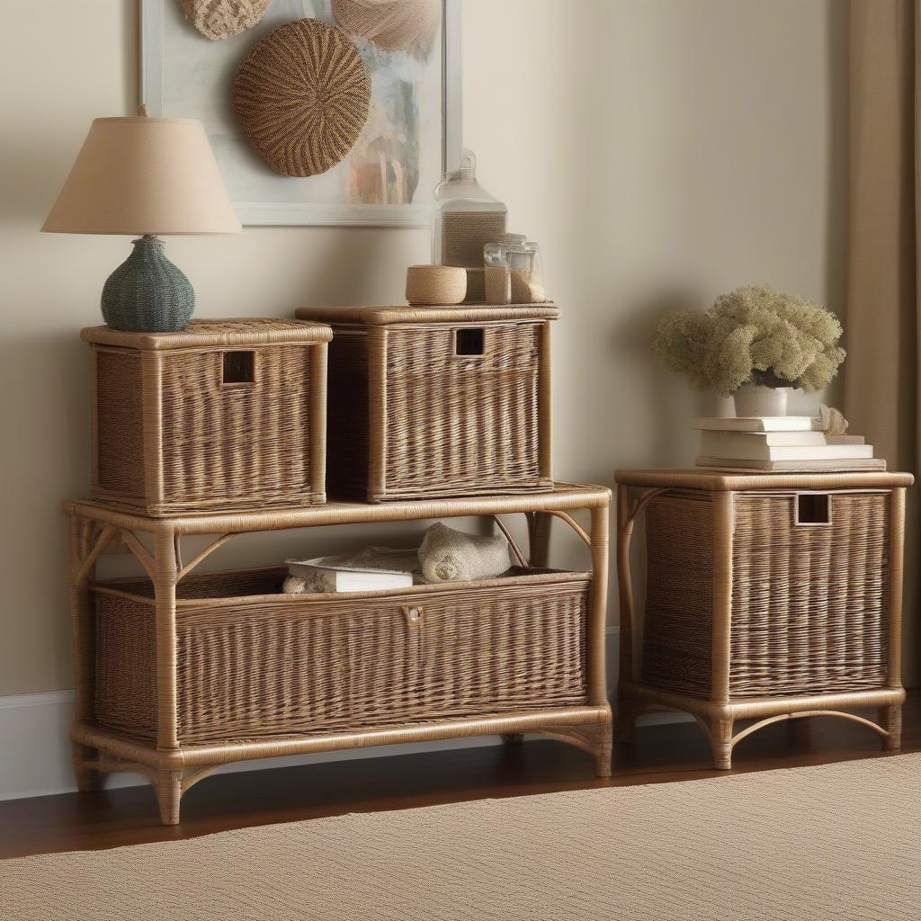 Set of 3 wicker storage chests in various sizes displayed in a living room setting