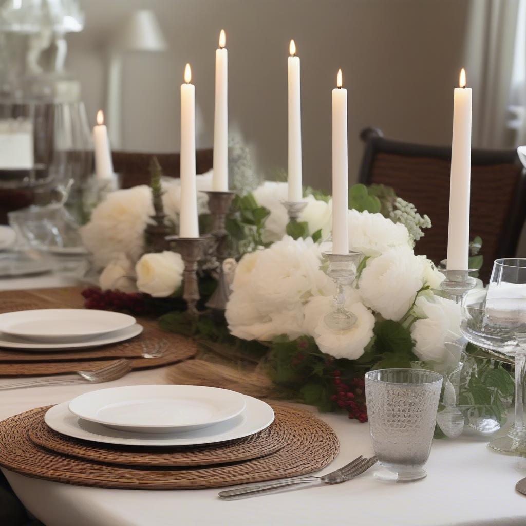 Setting a table with wicker placemats for a dinner party.