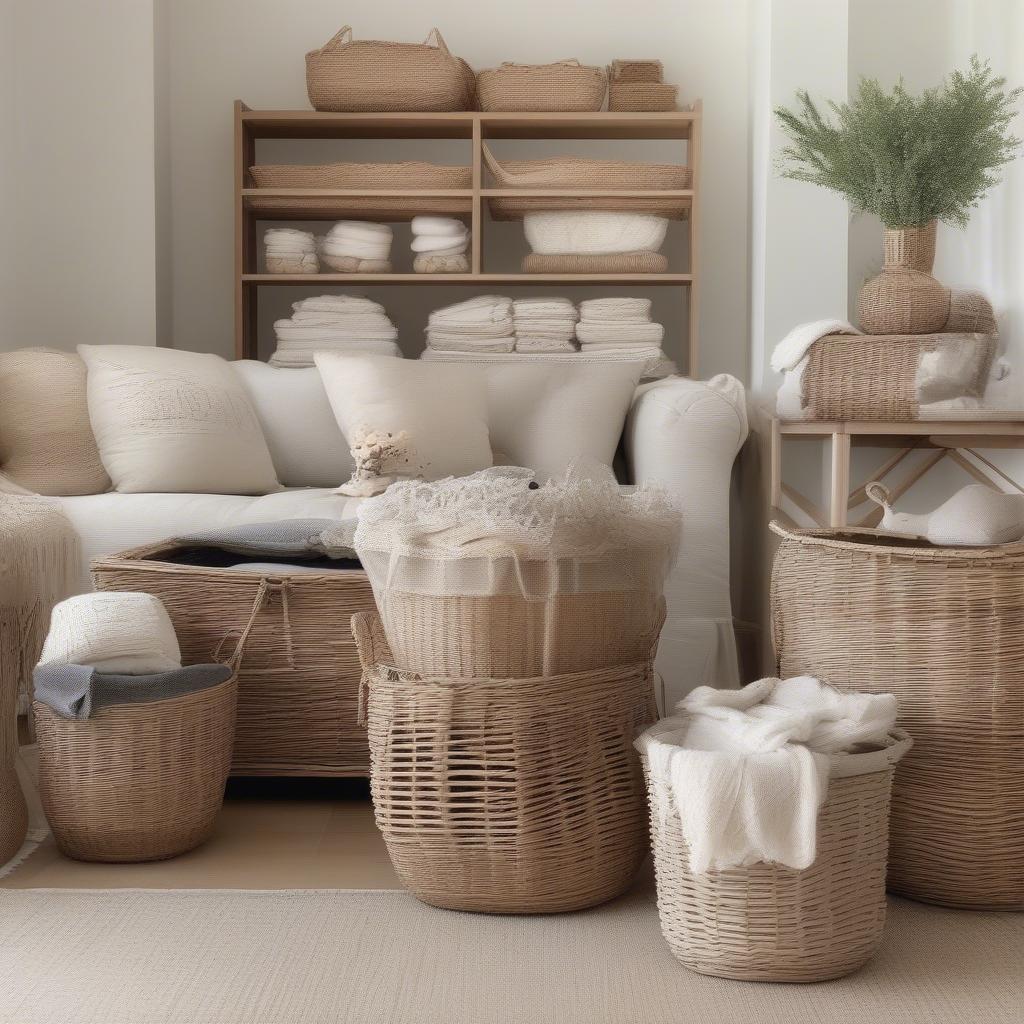 Shabby chic wicker storage baskets in a living room setting.