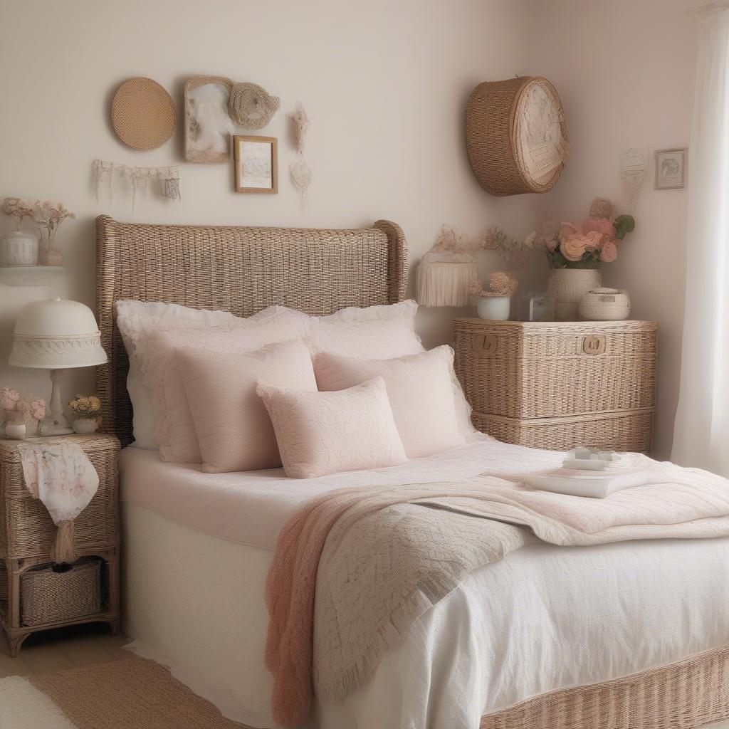 Shabby chic wicker storage in a bedroom setting.