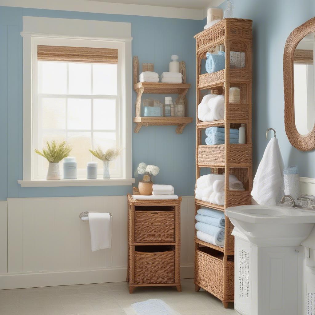 Shabby chic wicker storage unit in a bathroom setting