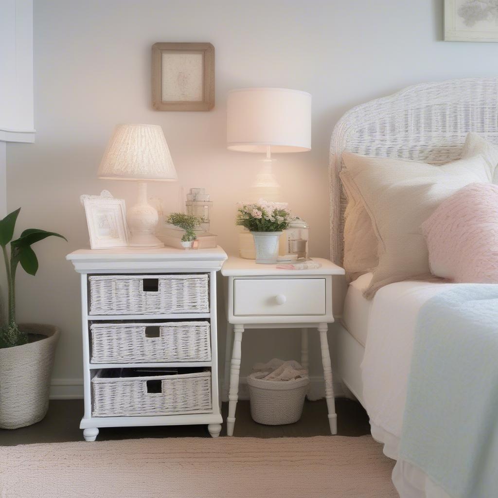 Shabby chic wicker storage unit used as a nightstand in a bedroom