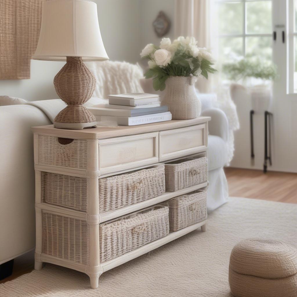 Shabby chic wicker storage unit in a living room setting