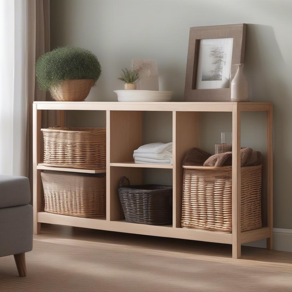 Wicker baskets on shallow shelves in a living room setting, storing blankets and magazines.