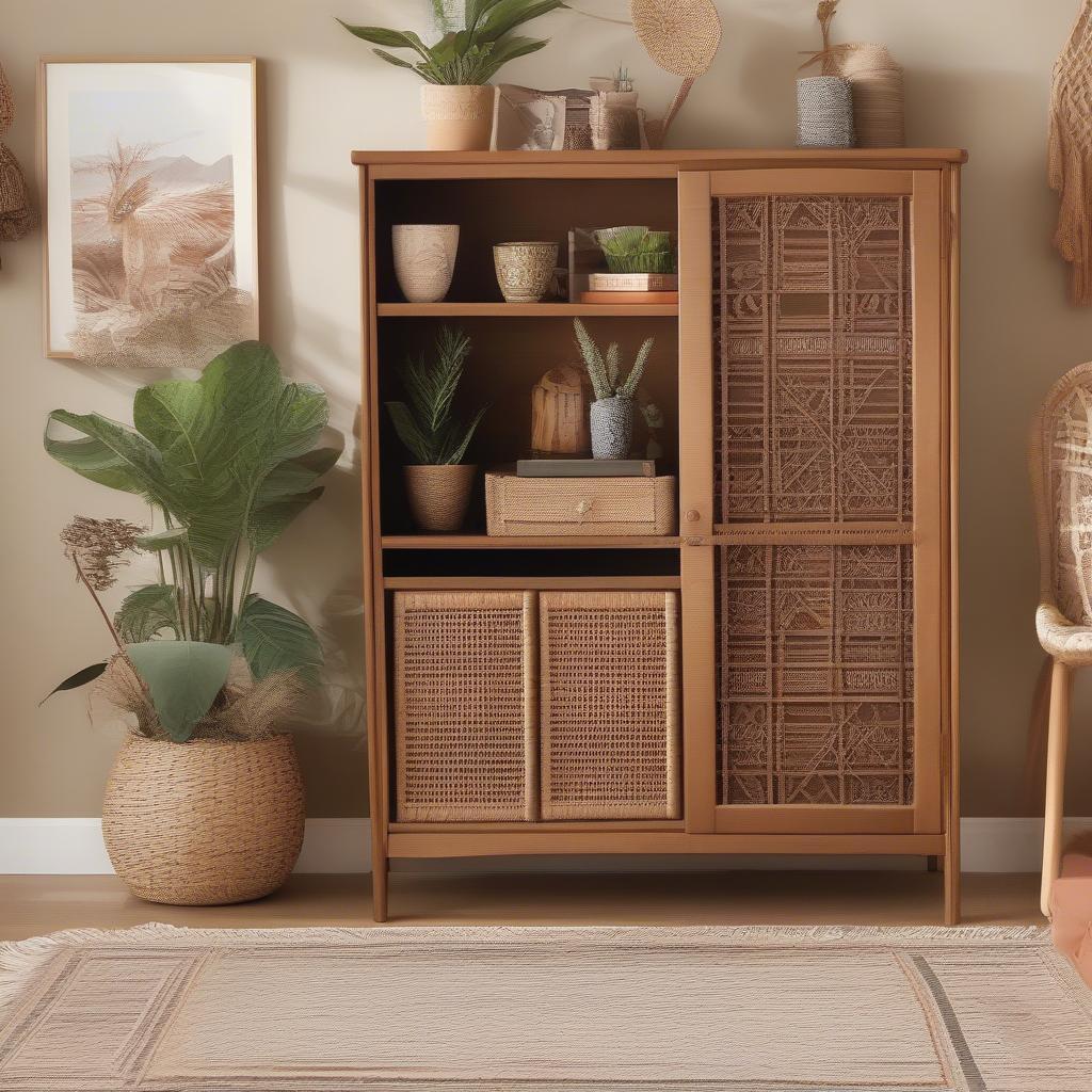 Vintage wicker shelf cabinet in a bohemian living room setting