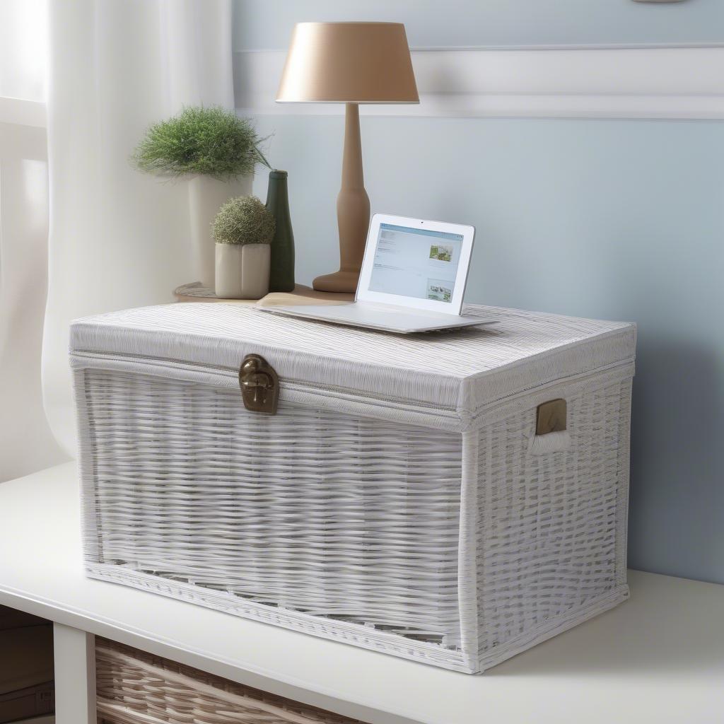 Shopping online for a white wicker storage chest