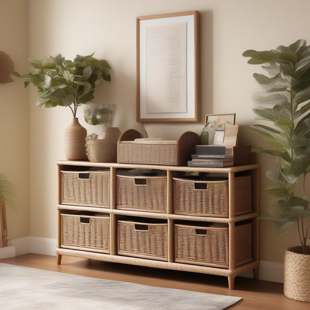 Six Drawer Wicker Storage Unit in a Living Room