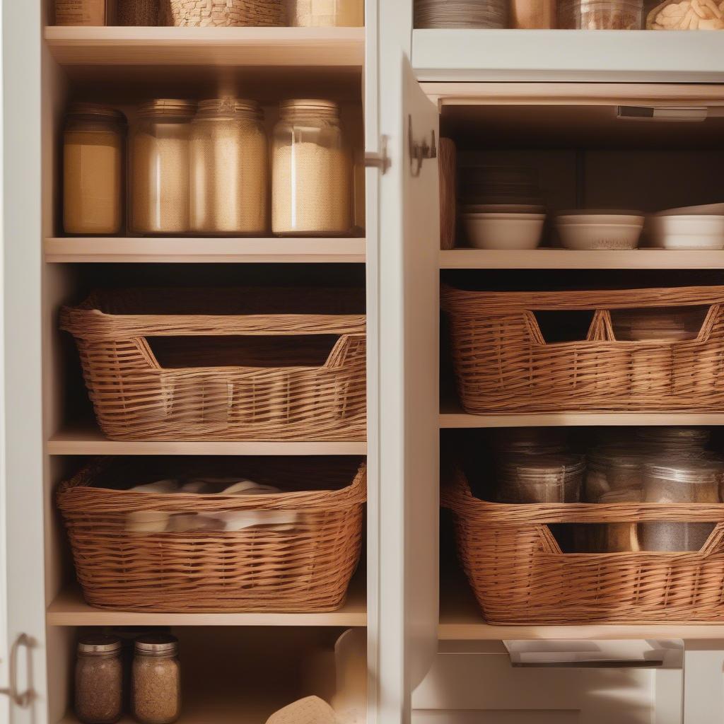 Sliding wicker baskets neatly organized in kitchen cabinets