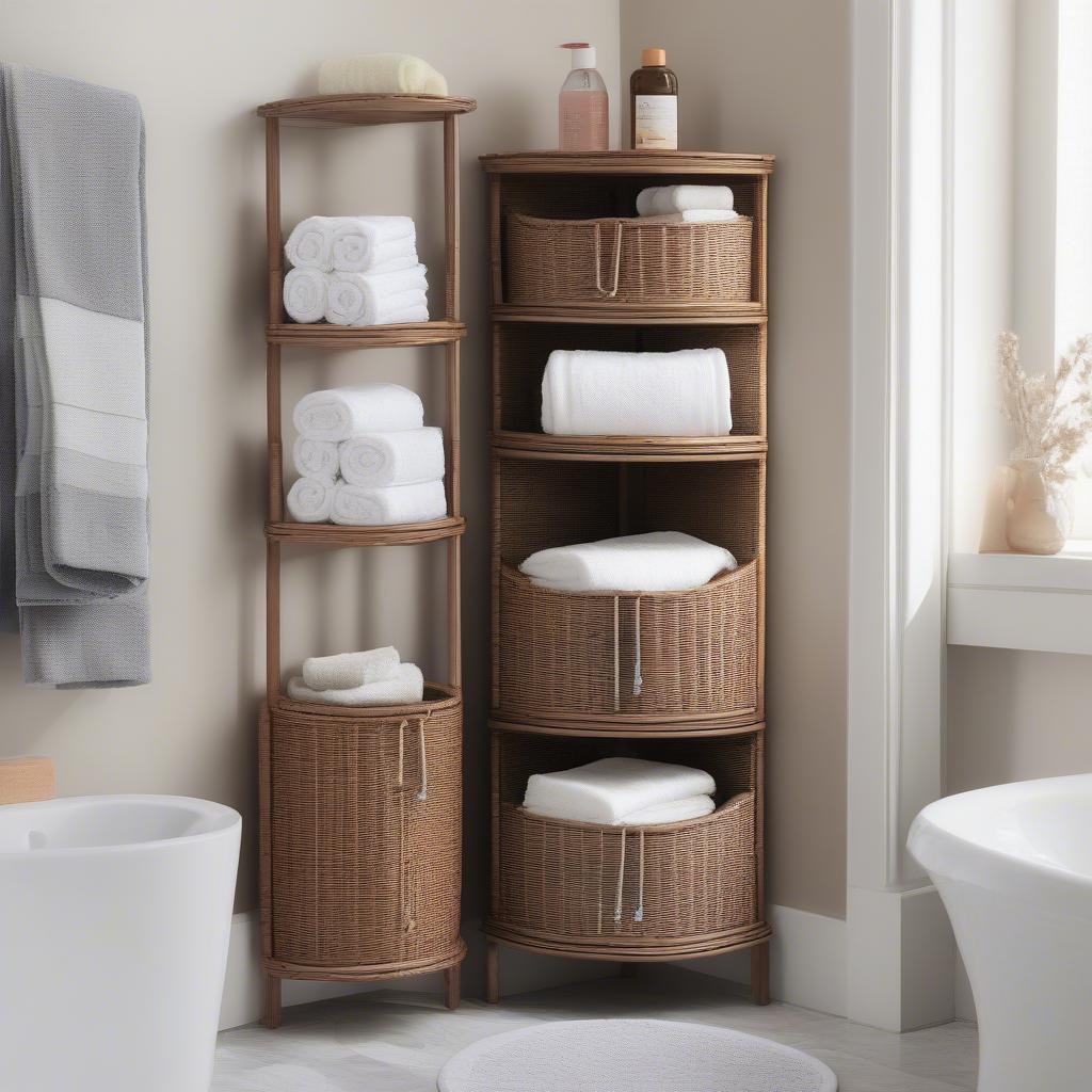 Slim Wicker Bathroom Storage Tower in Small Bathroom