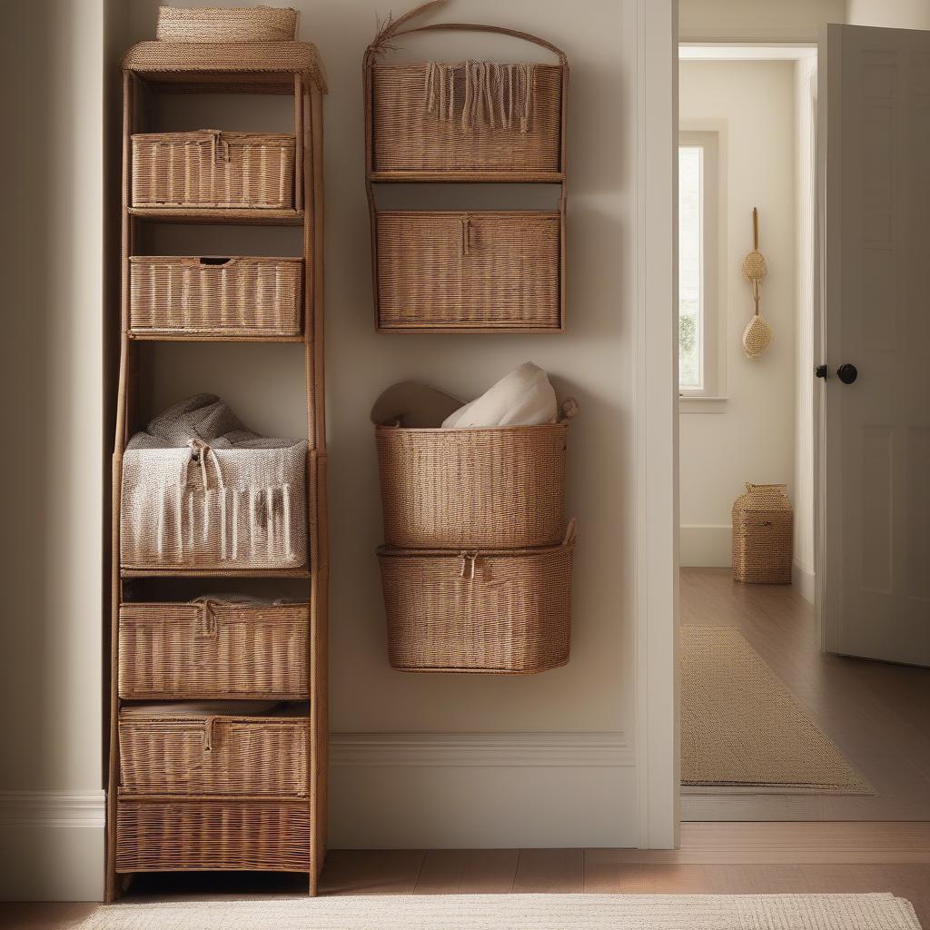 Slim wicker storage baskets neatly arranged in a narrow hallway