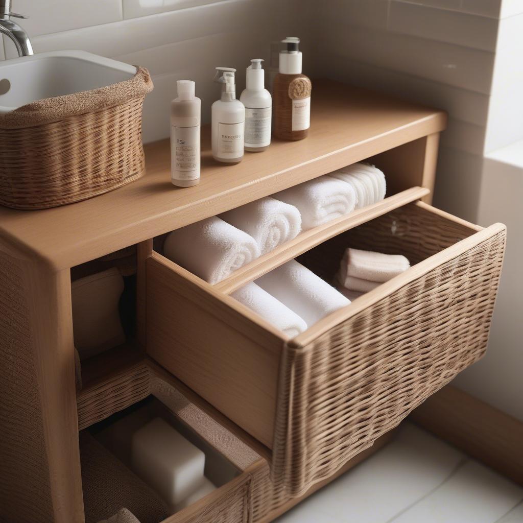 Slim wicker storage drawers in a bathroom setting, providing stylish organization for toiletries and towels.