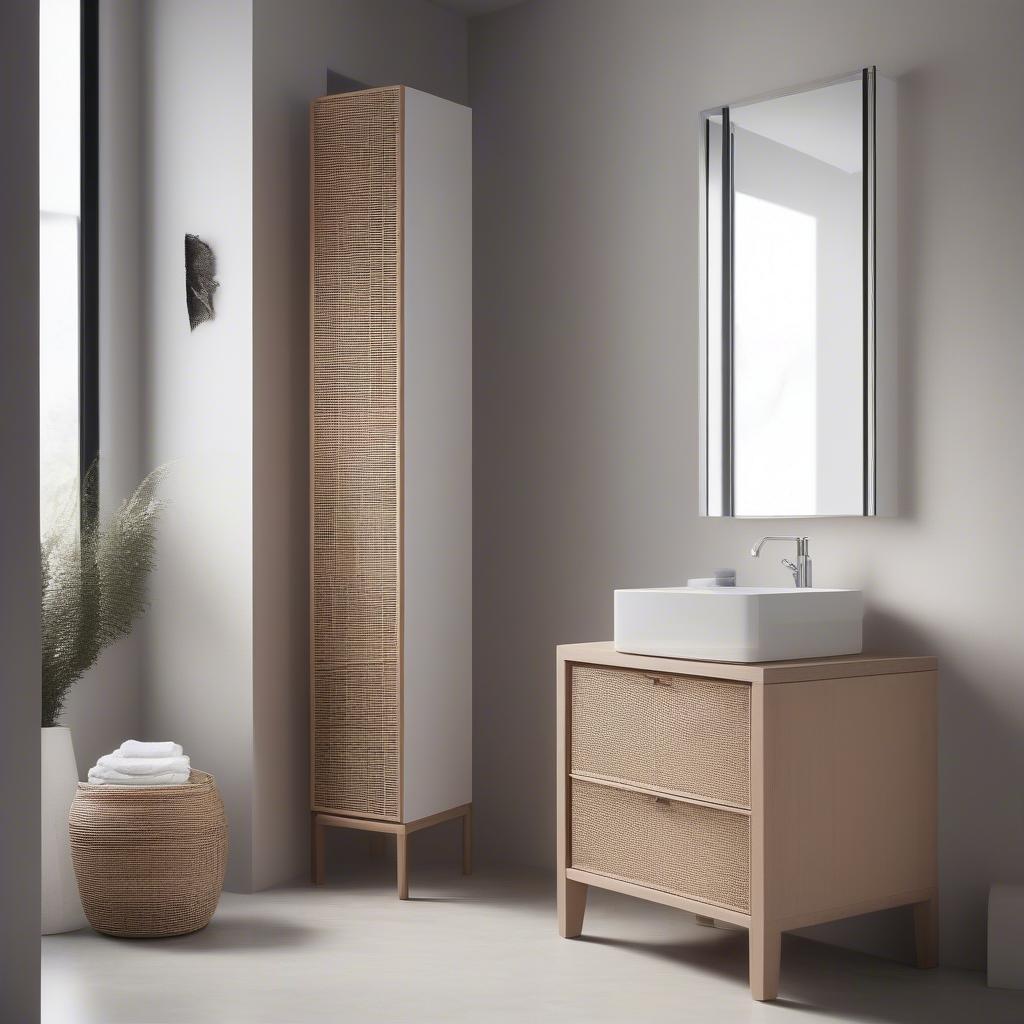 Slim Wicker Storage Tower in a Modern Bathroom