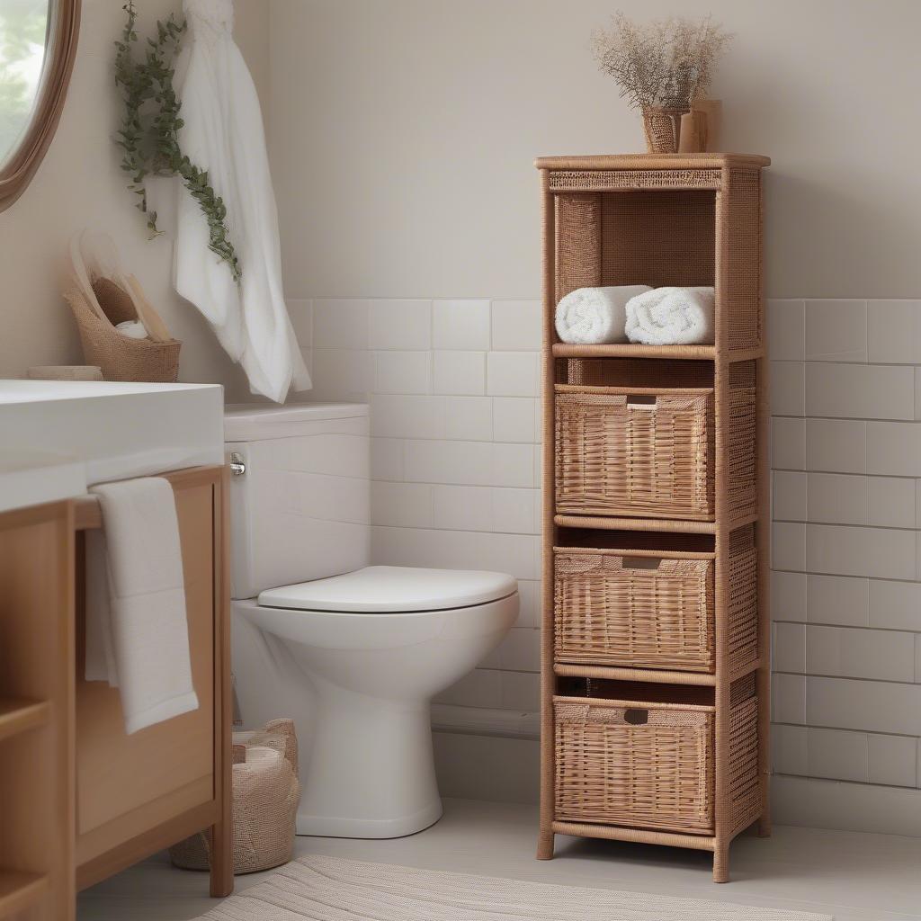 A slim wicker storage unit tucked neatly beside a bathroom vanity