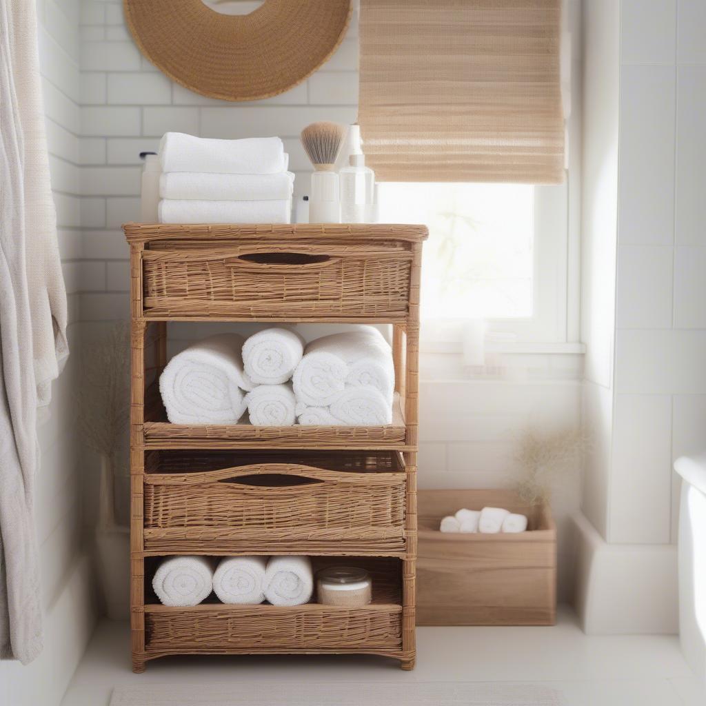 Small 3 Tier Wicker Storage Cubby in a Bathroom Setting