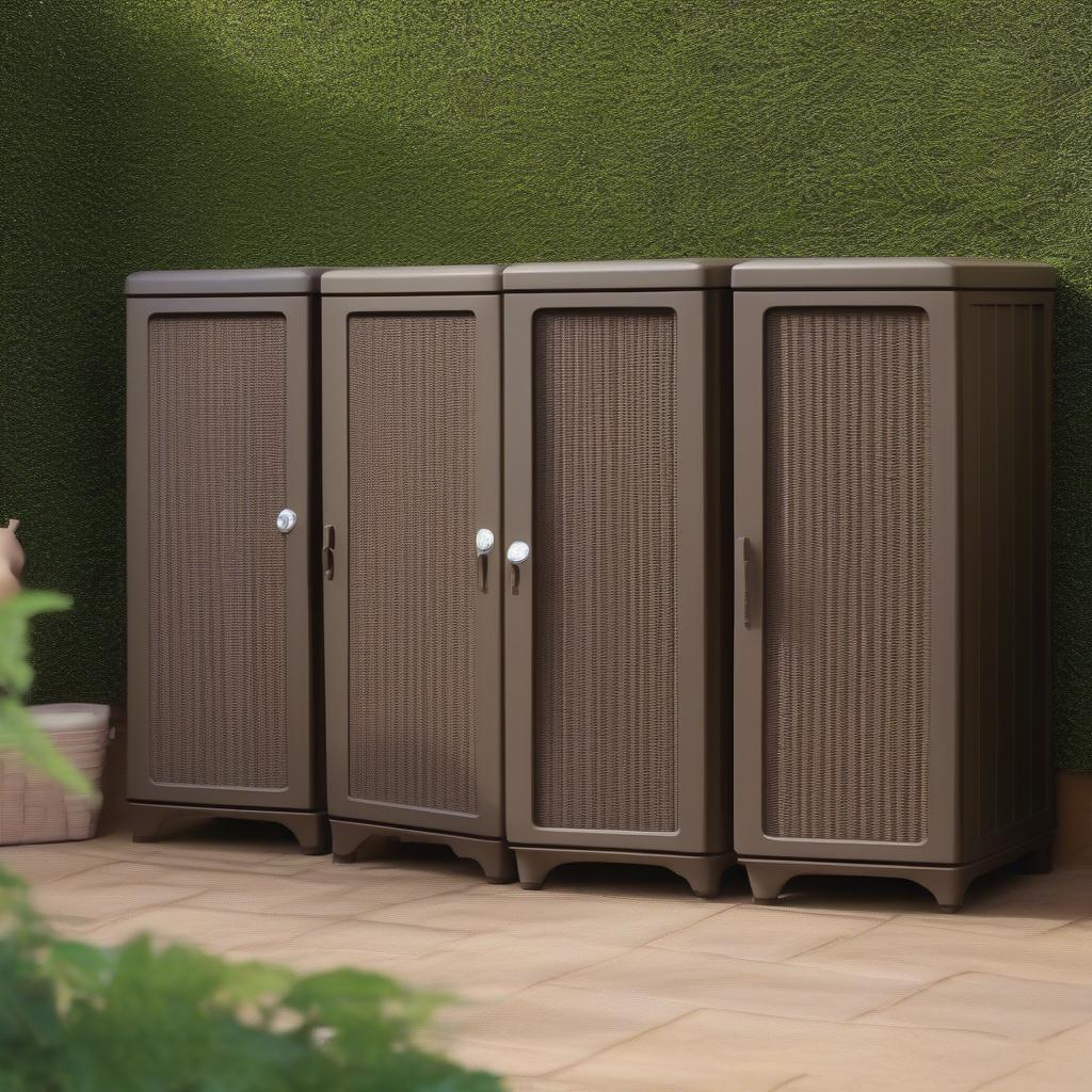 Comparing Sizes of Small Brown Wicker Storage Cabinets