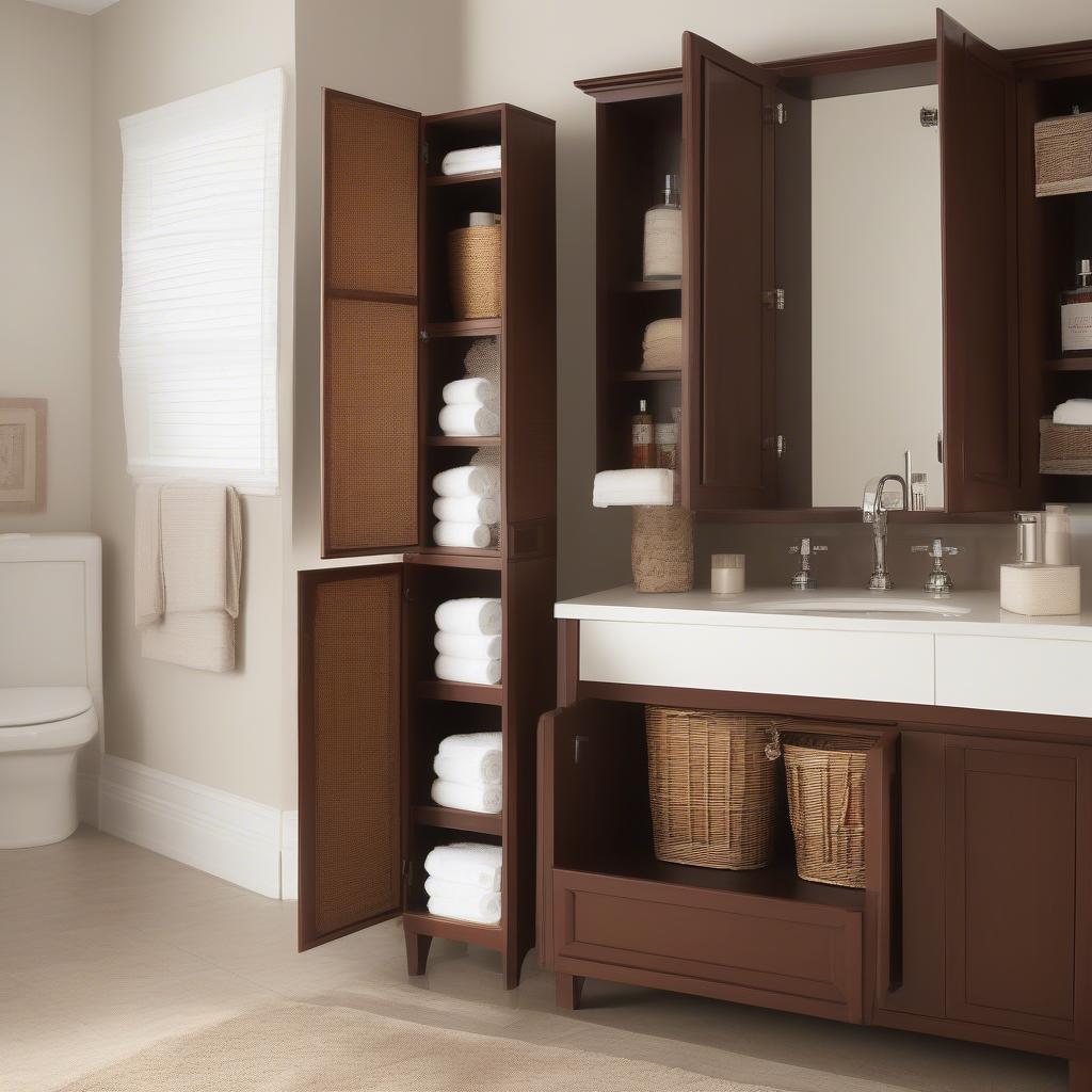 Small Brown Wicker Storage Cabinets in a Bathroom