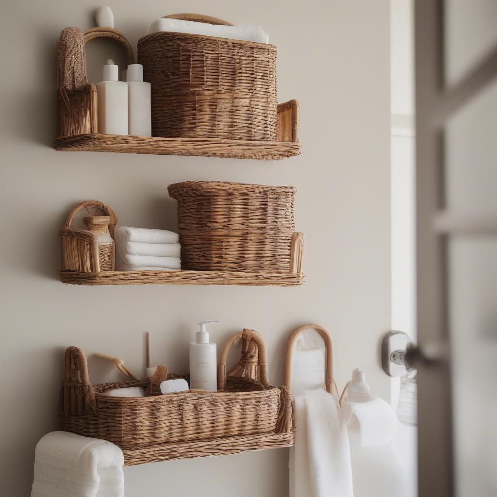 Small hanging wicker baskets in a bathroom setting