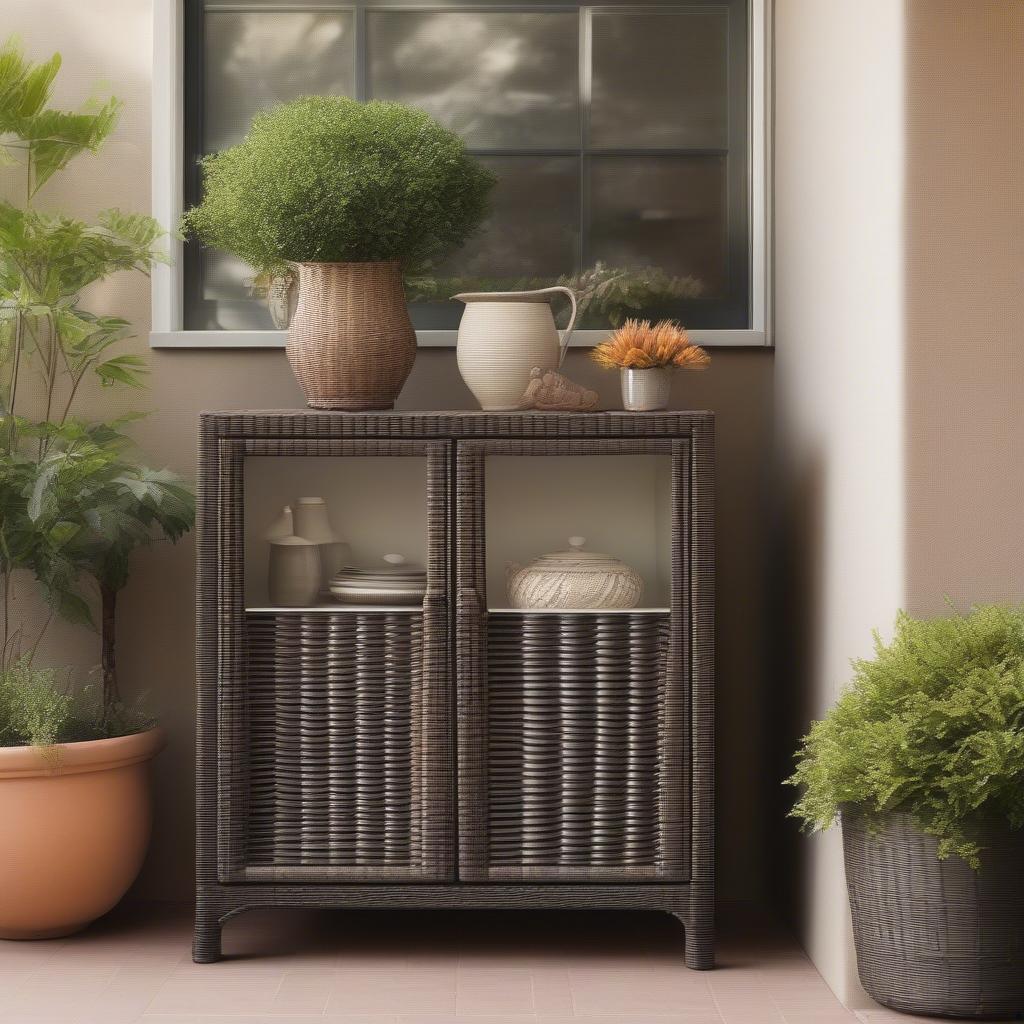 Small outdoor wicker cabinet with doors on a patio, surrounded by plants and outdoor furniture.