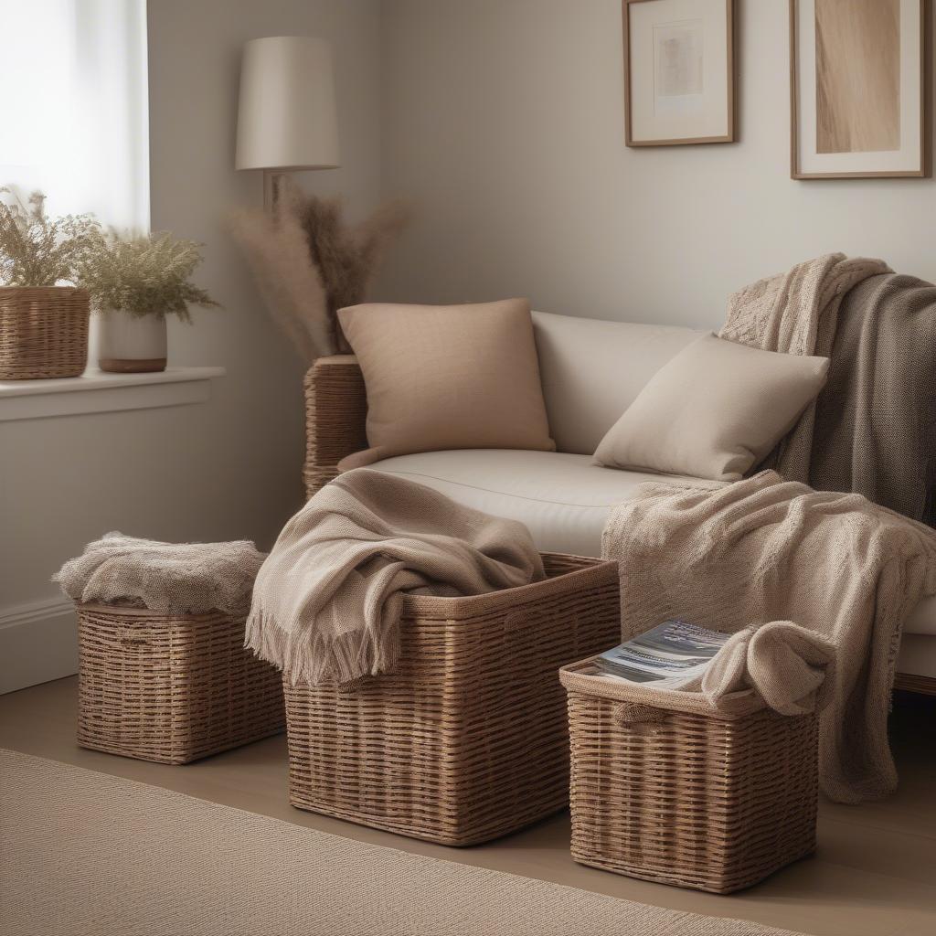 Small square wicker storage baskets used to organize blankets and throws in a living room setting.