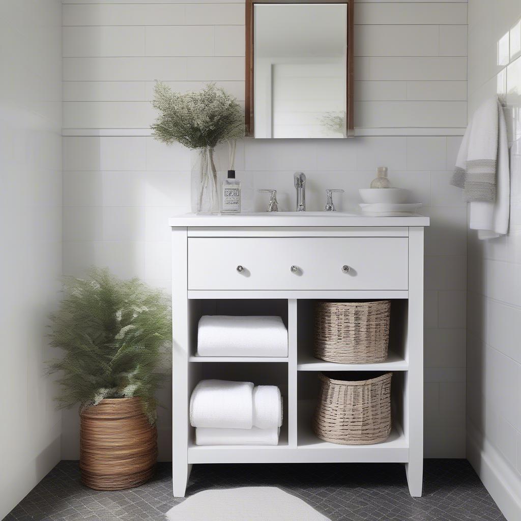 White Small Stand Alone Bath Cabinet with Wicker Baskets