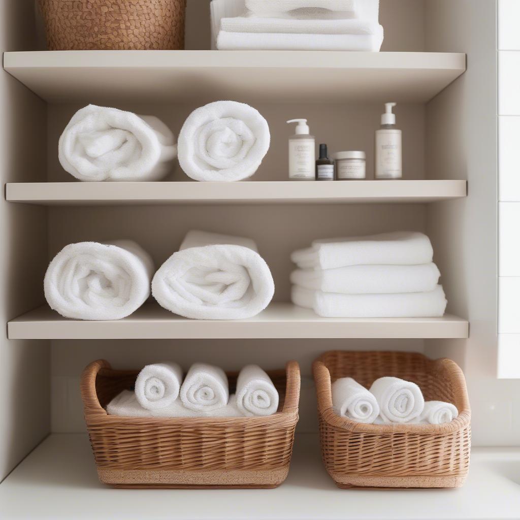 Small white wicker baskets used for bathroom storage