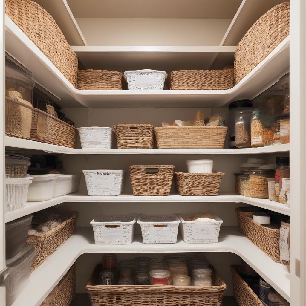 Small white wicker baskets organizing a kitchen pantry