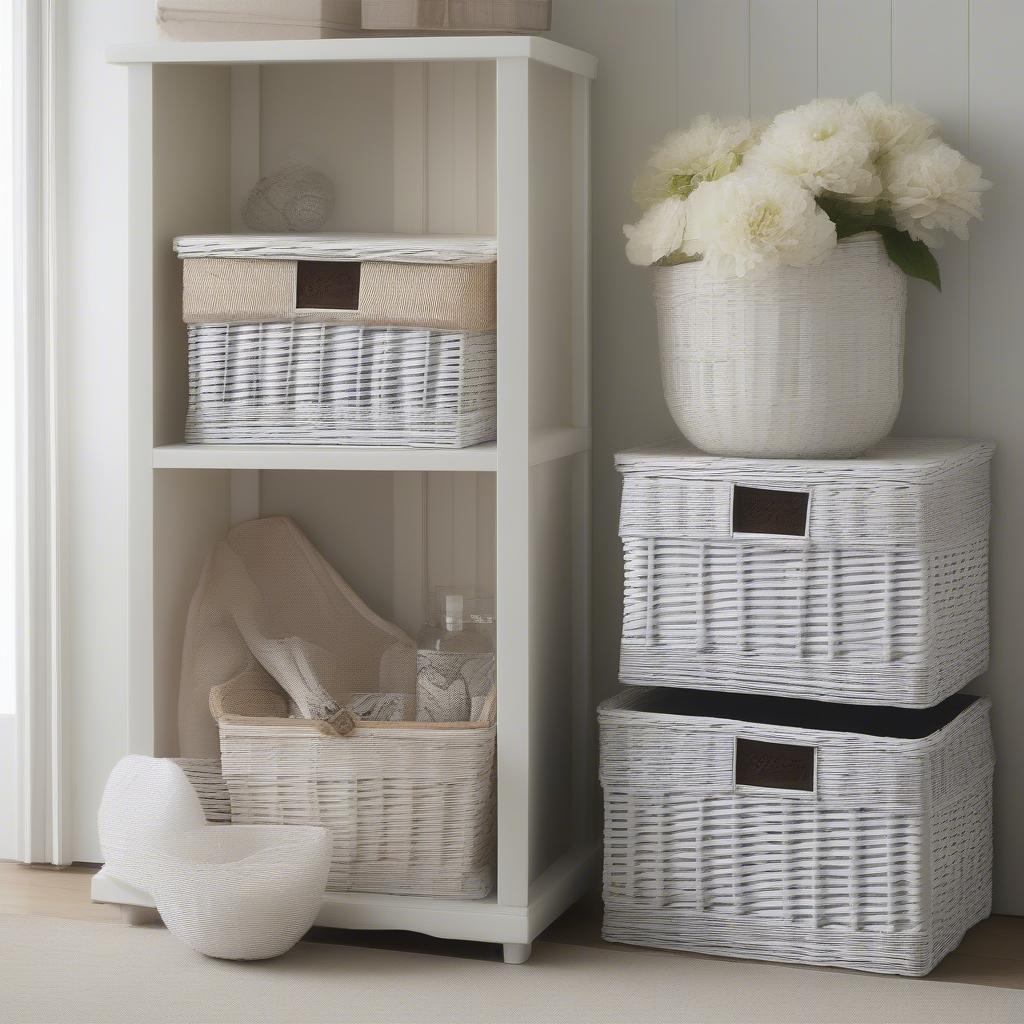 Decorating with small white wicker storage boxes