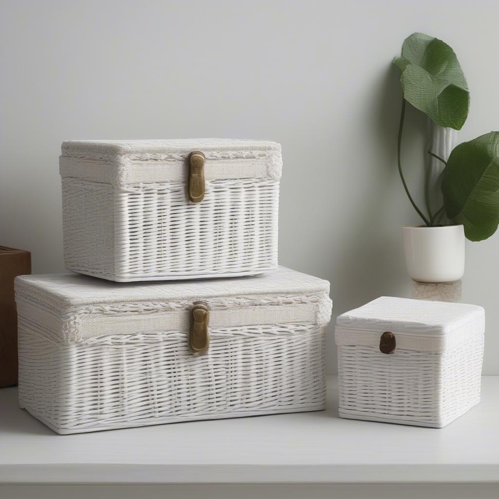 Various styles of small white wicker storage boxes