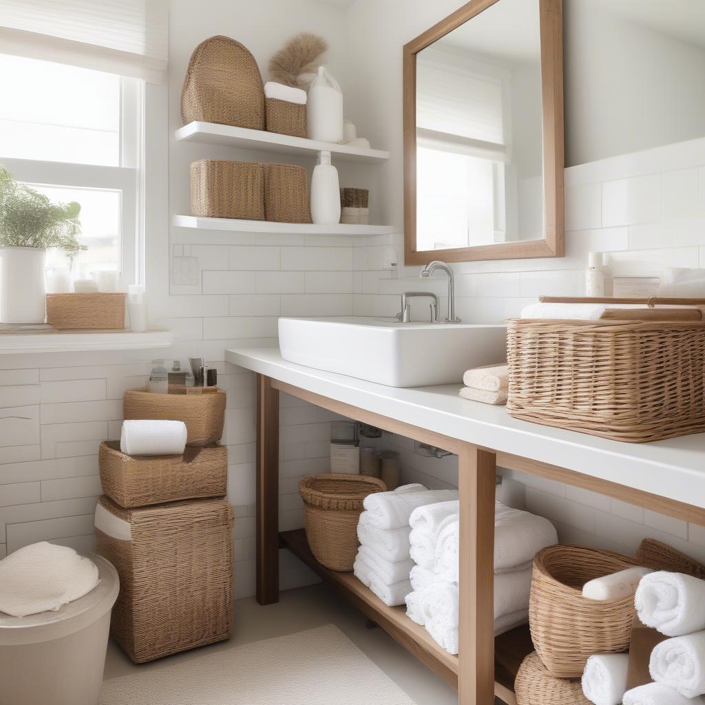 Small square wicker storage baskets organizing towels and toiletries in a bathroom.