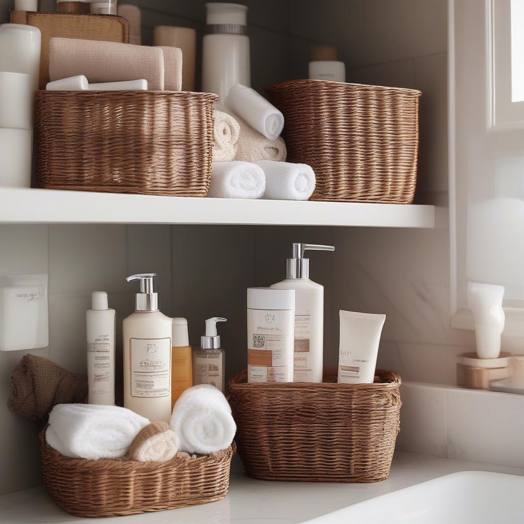 Small wicker baskets used for bathroom storage