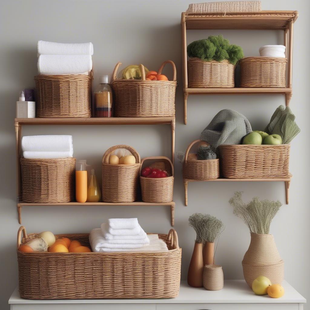 Small wicker baskets used as stylish storage solutions in different rooms of a house – bathroom, living room, bedroom, and kitchen.