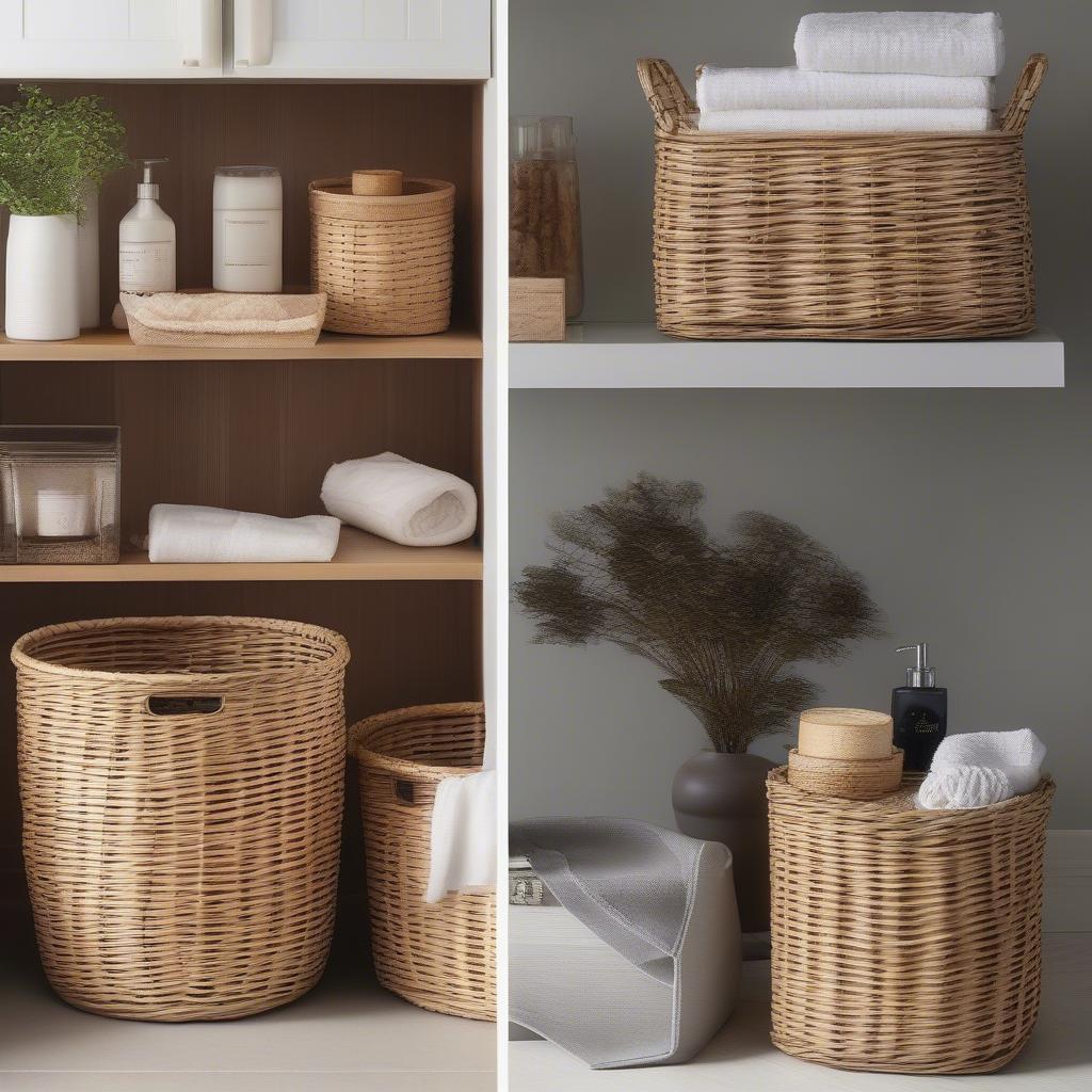 Small wicker baskets in various room settings