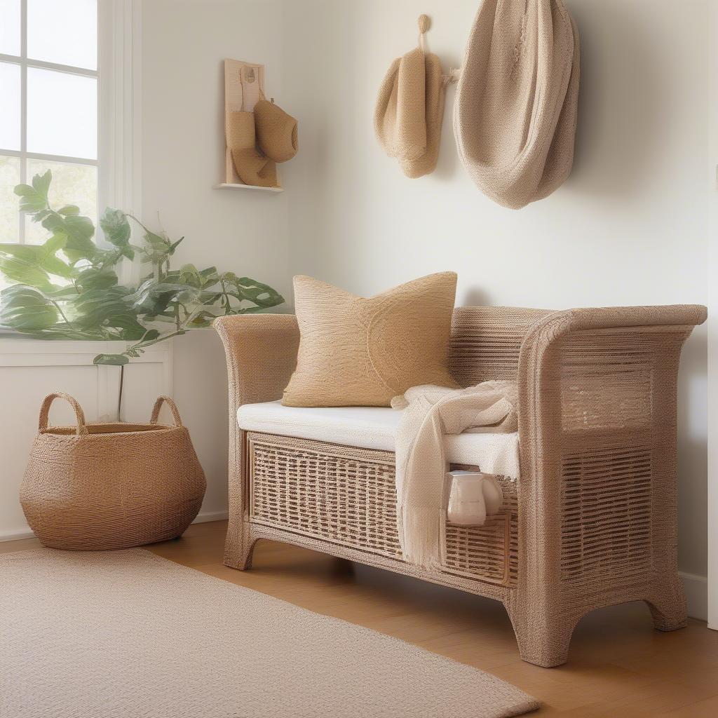 Small wicker bench with storage in an entryway