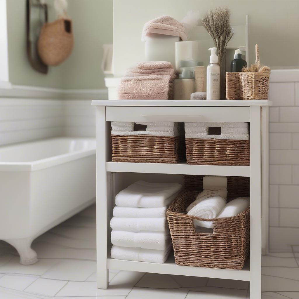 Small wicker cabinet used for bathroom storage