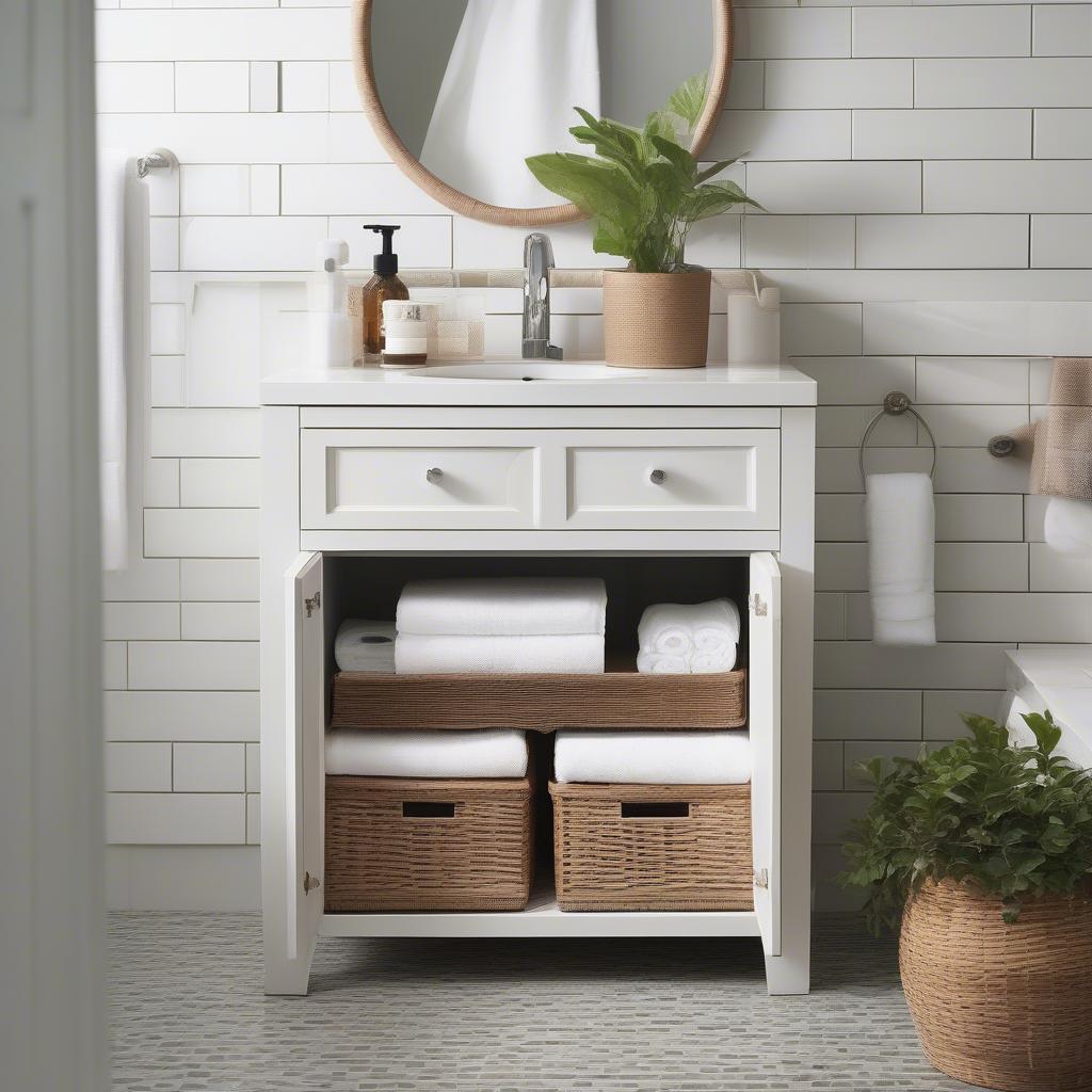 Small wicker cabinet providing stylish storage in a bathroom