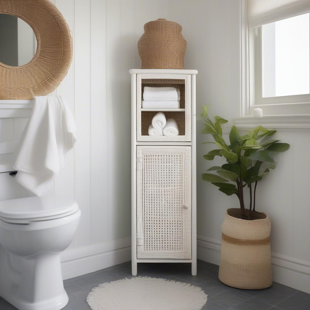 Small wicker cabinet providing stylish storage in a bathroom