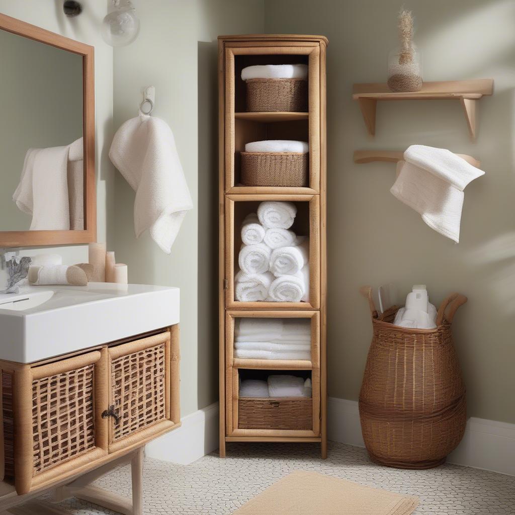 Small wicker cabinet providing stylish bathroom storage