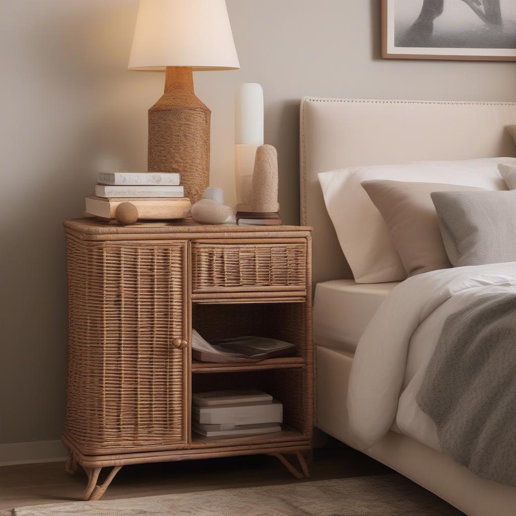 Small wicker cabinet used as a bedside table in a cozy bedroom setting