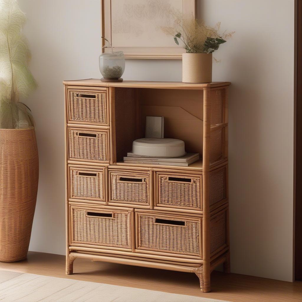 A small wicker cabinet with drawers sitting in a cozy living room.