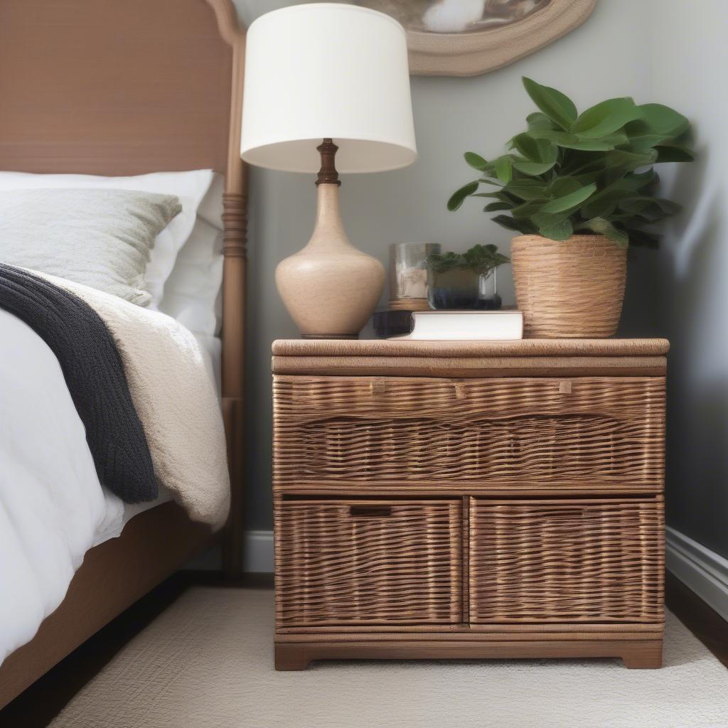 Small wicker chest as part of bedroom decor