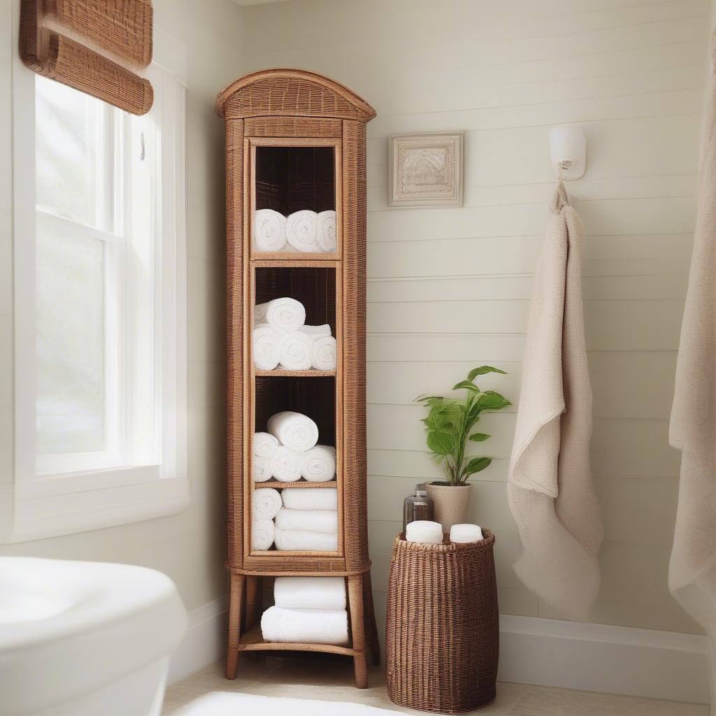 Small Wicker Corner Cabinet in a Bathroom