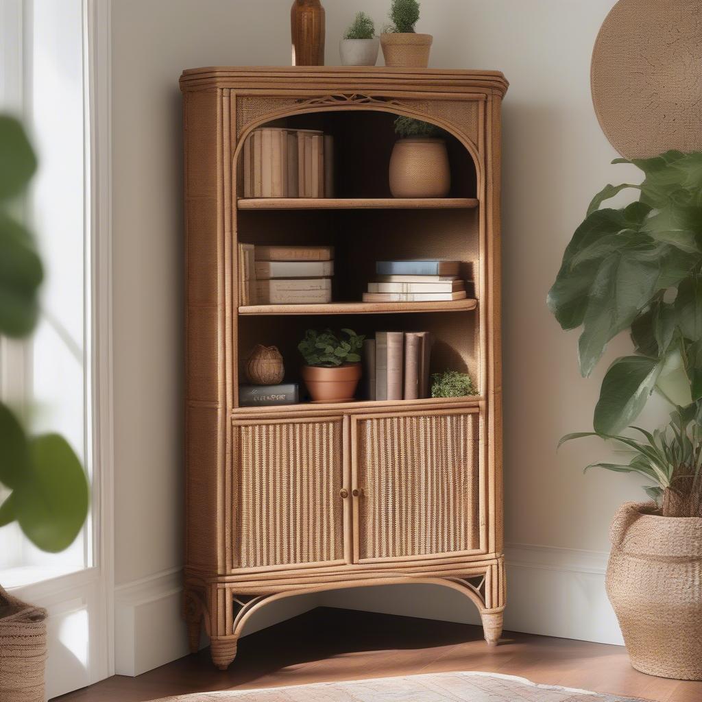 Small Wicker Corner Cabinet in a Living Room Setting