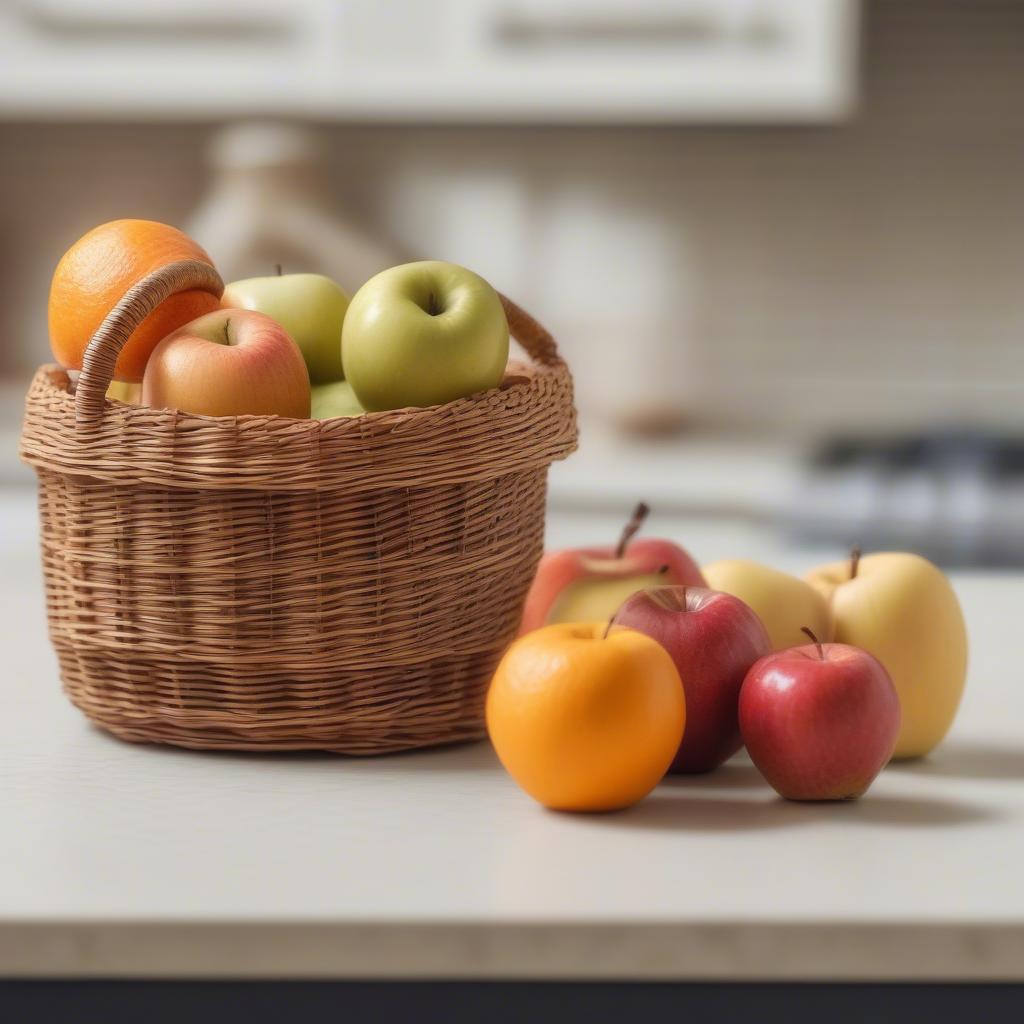 Small wicker fruit basket on a kitchen countertop